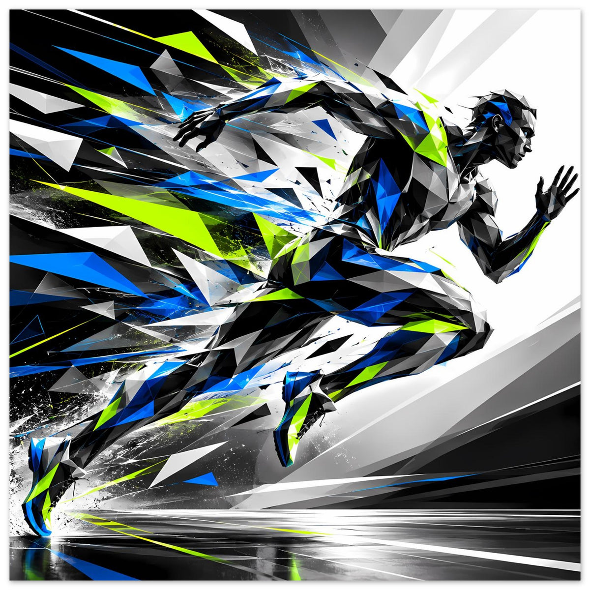 Laufkunst-Poster mit voller Läuferdarstellung, abstrakt, Blau/Schwarz/Neon-Grün und Schwunglinien