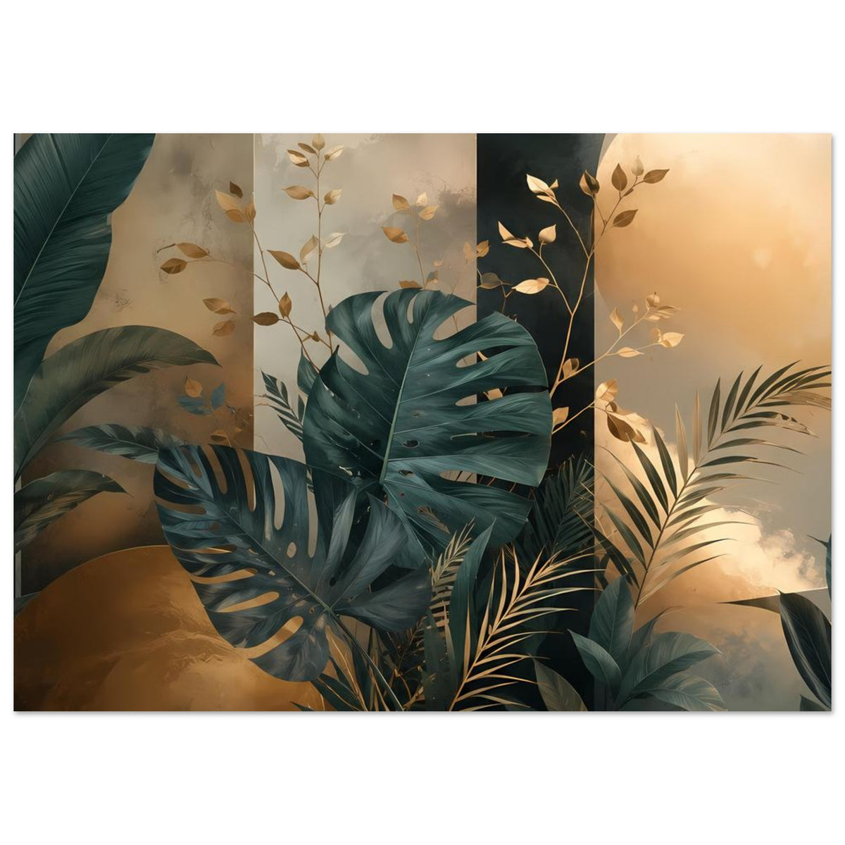 Querformat-Pflanzenposter mit Palmen- und Monstera-Blättern in Petrolgrün und Goldtönen