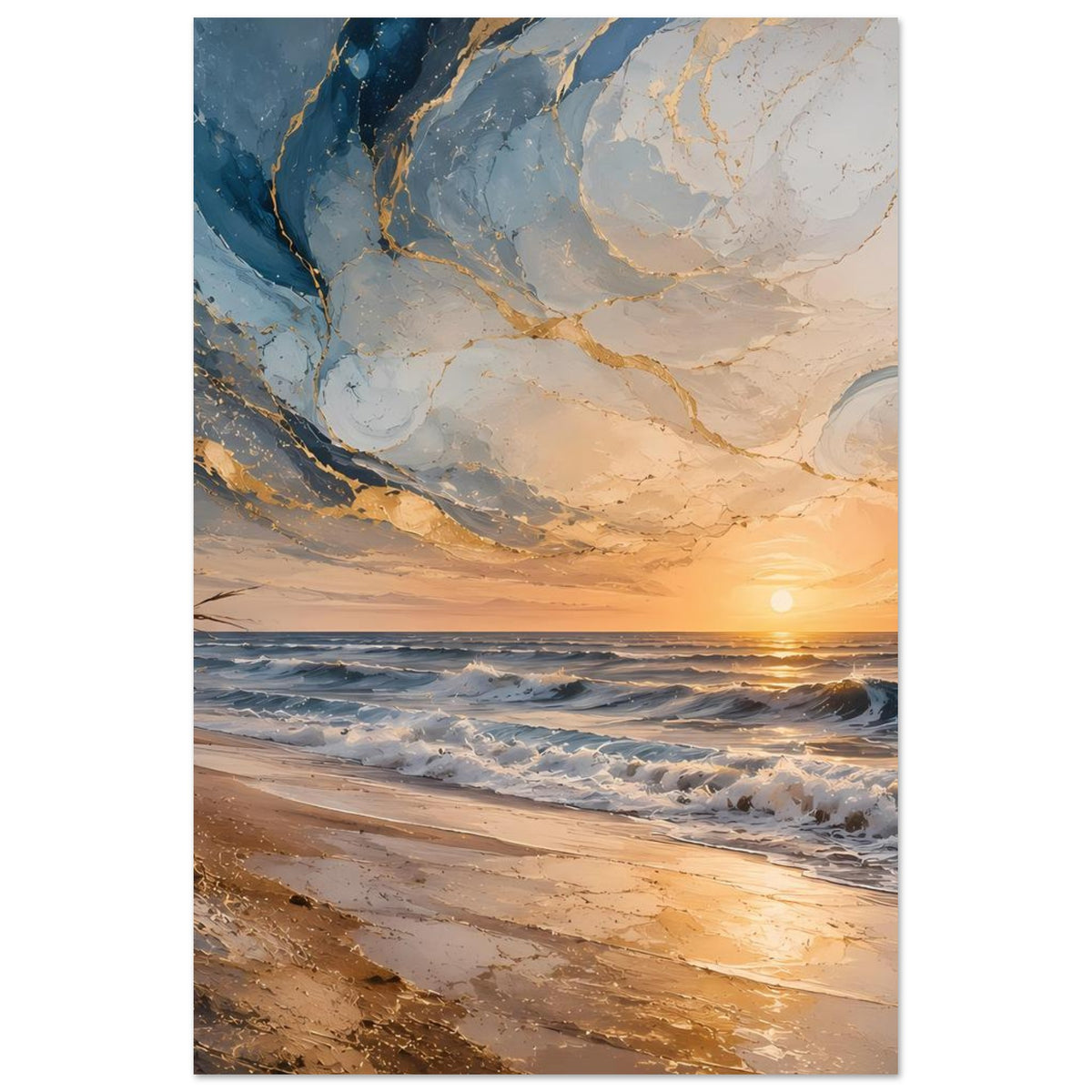 Vertikales Poster: Strandlandschaft bei Sonnenuntergang mit goldener Wellenlinie