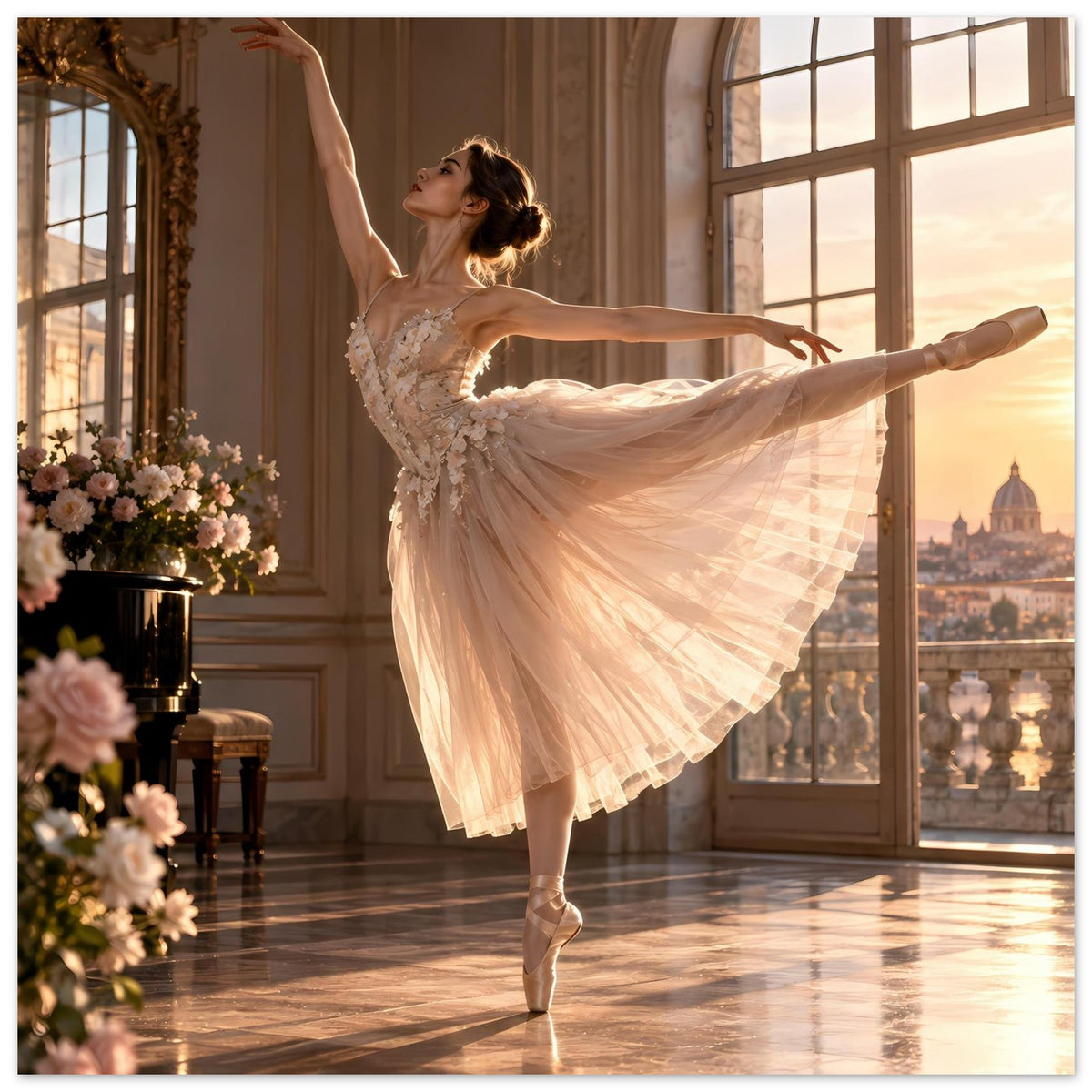 Ballett-Poster mit Ballerina im Spitzenkleid, schwingender Tüllrock, gerader Stand auf der Spitze