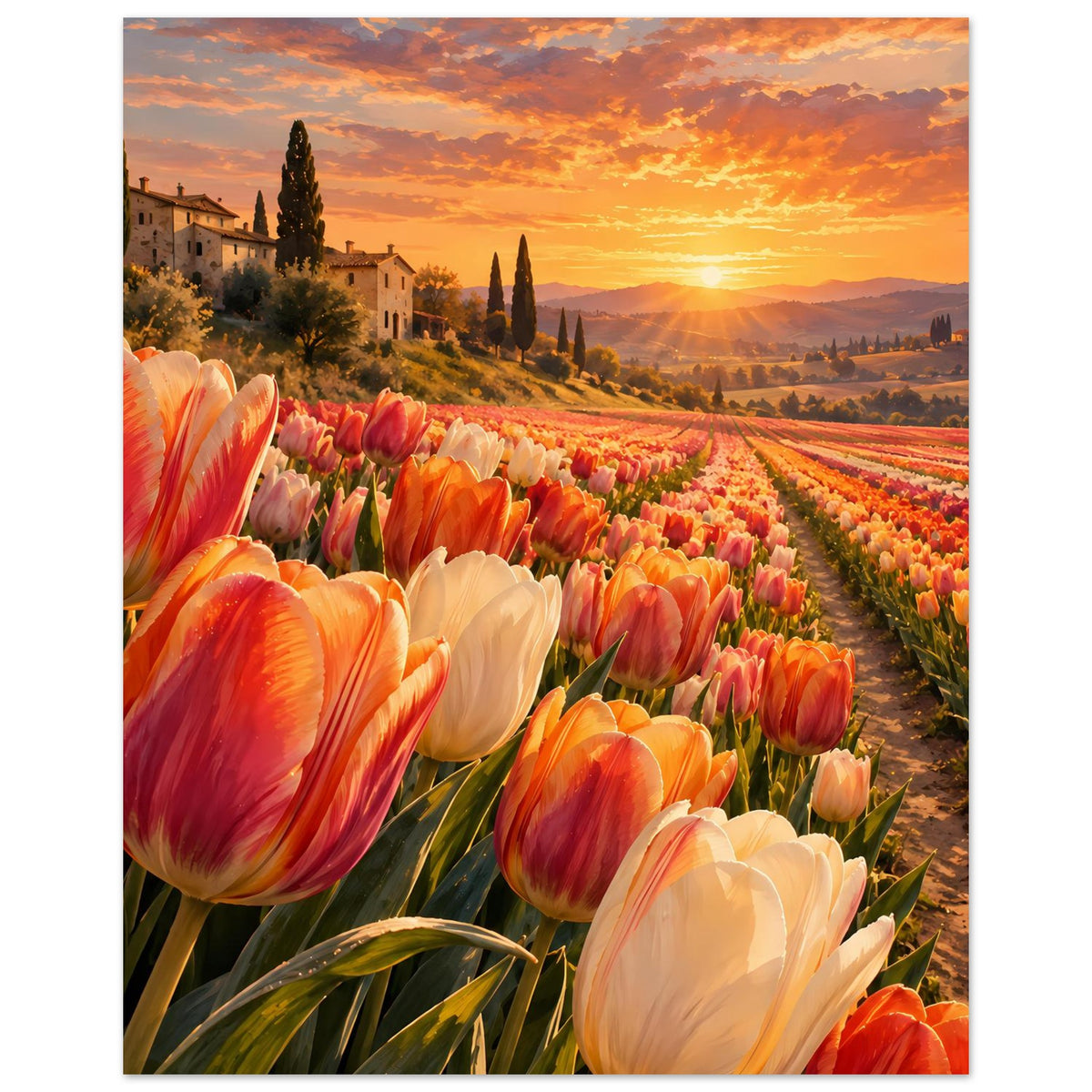 Poster im Hochformat: Tulpenreihen links, weite Felder dahinter und goldene Abendsonne