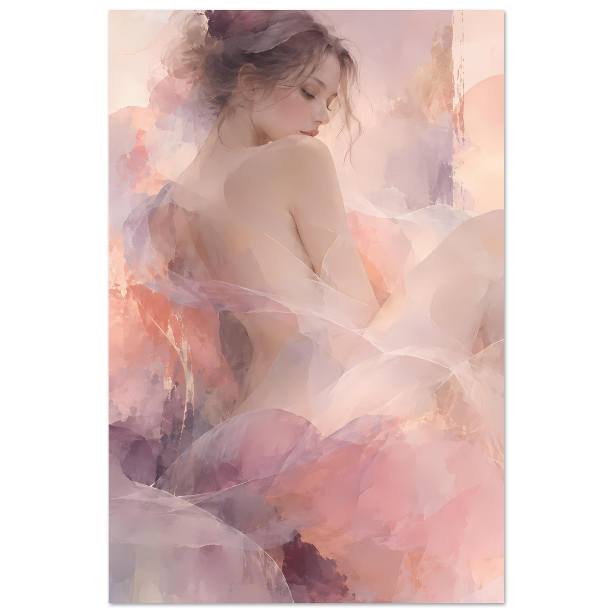 Hochformatiges Wandposter mit Aquarell-Frauenporträt in Pastellrosa und Lavendelpigmenten