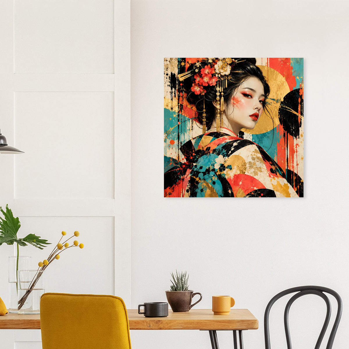 Kunstposter mit Geisha im Detail, Blumen im Haar und mehrfarbiger Farbsplash-Optik