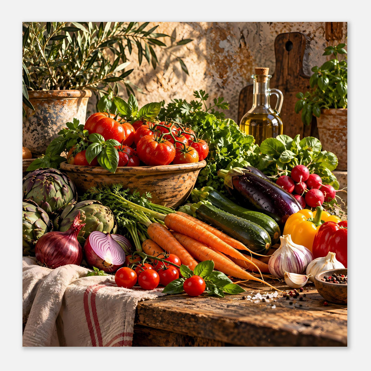 Gerahmtes Küchenposter mit Gemüsearrangement, Tomaten, Karotten, Zucchini und Ölflasche