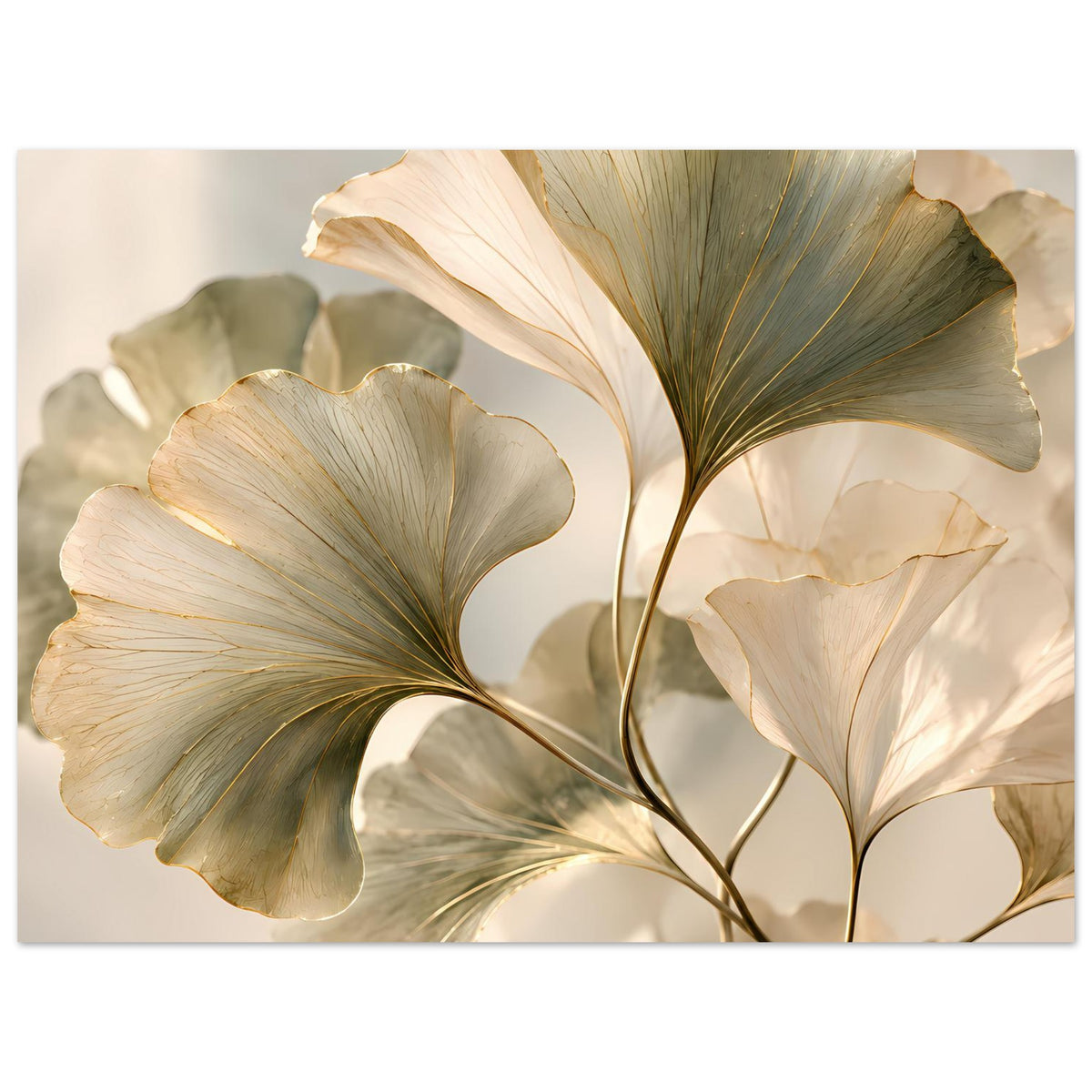 Botanisches Blätterposter im Nahblick: cremefarbene Ginkgo-Blätter mit goldenen Konturen