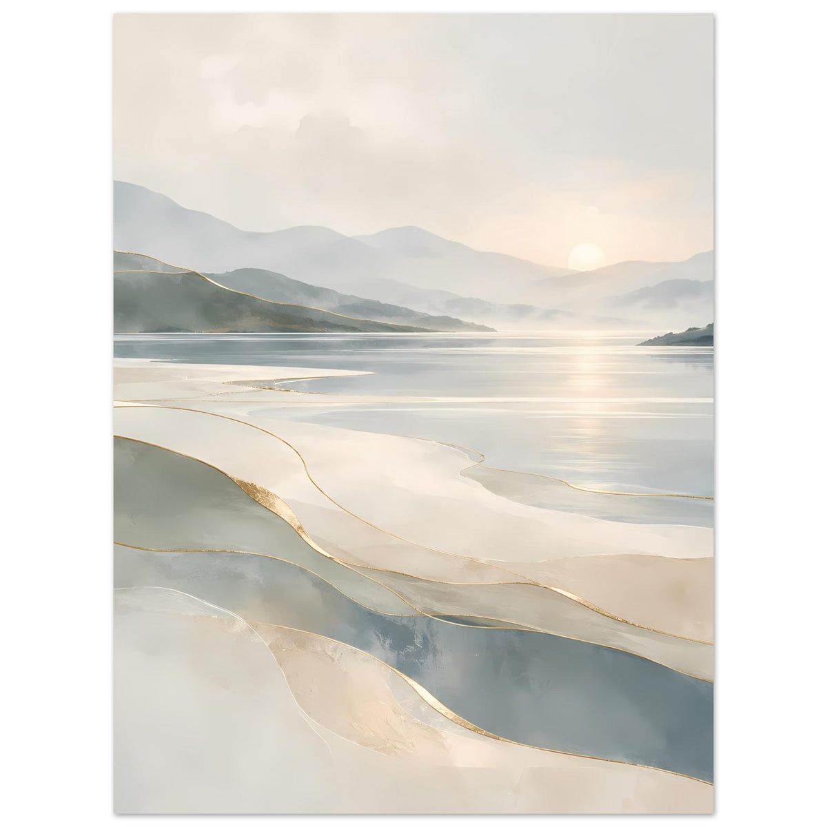 Hochformatiger Kunstdruck mit Strand und Meer, Berge in der Ferne; Beige, Grau und Goldakzente