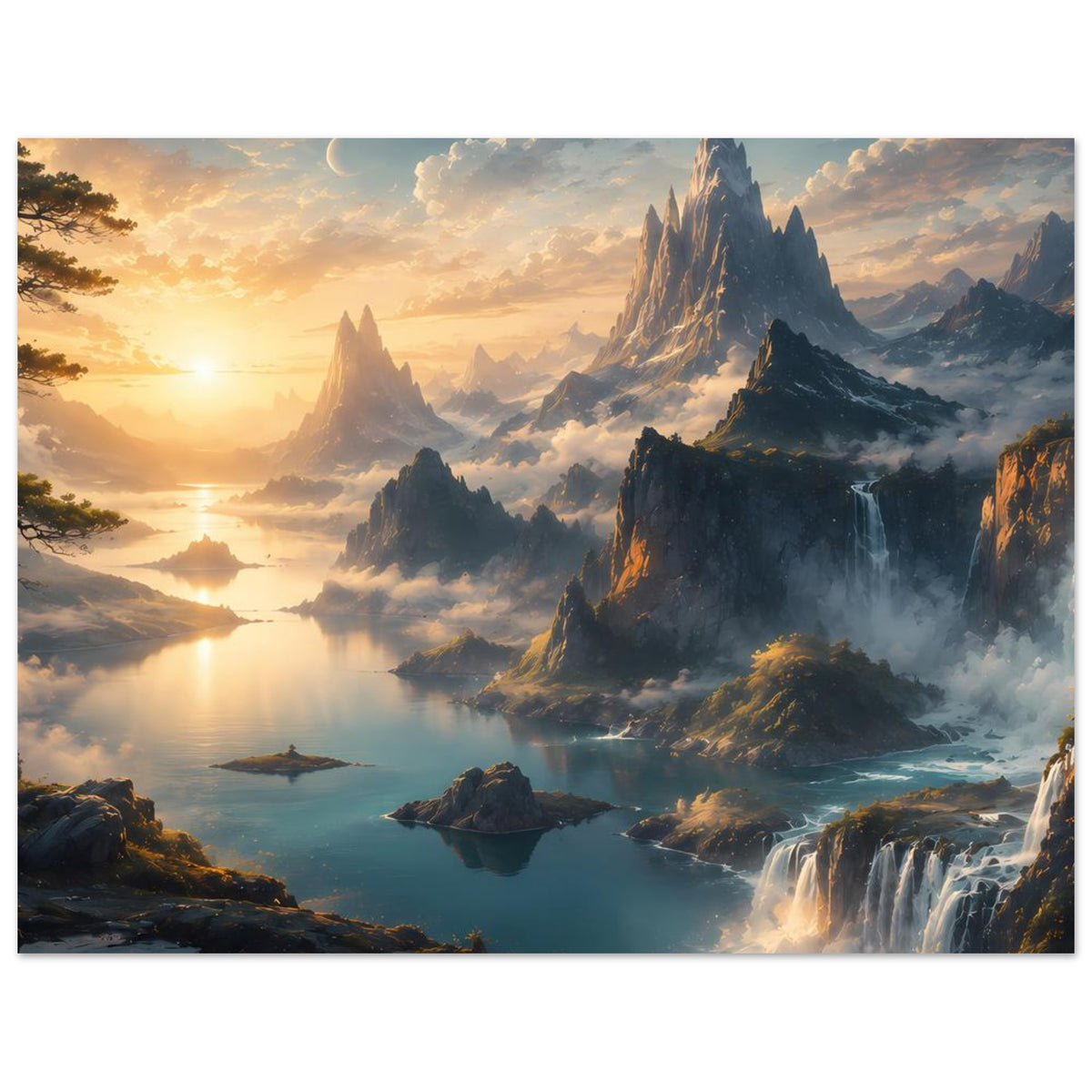 Horizontales Poster mit Bergwelt, Wasserfällen und goldenem Sonnenaufgang über Gewässer