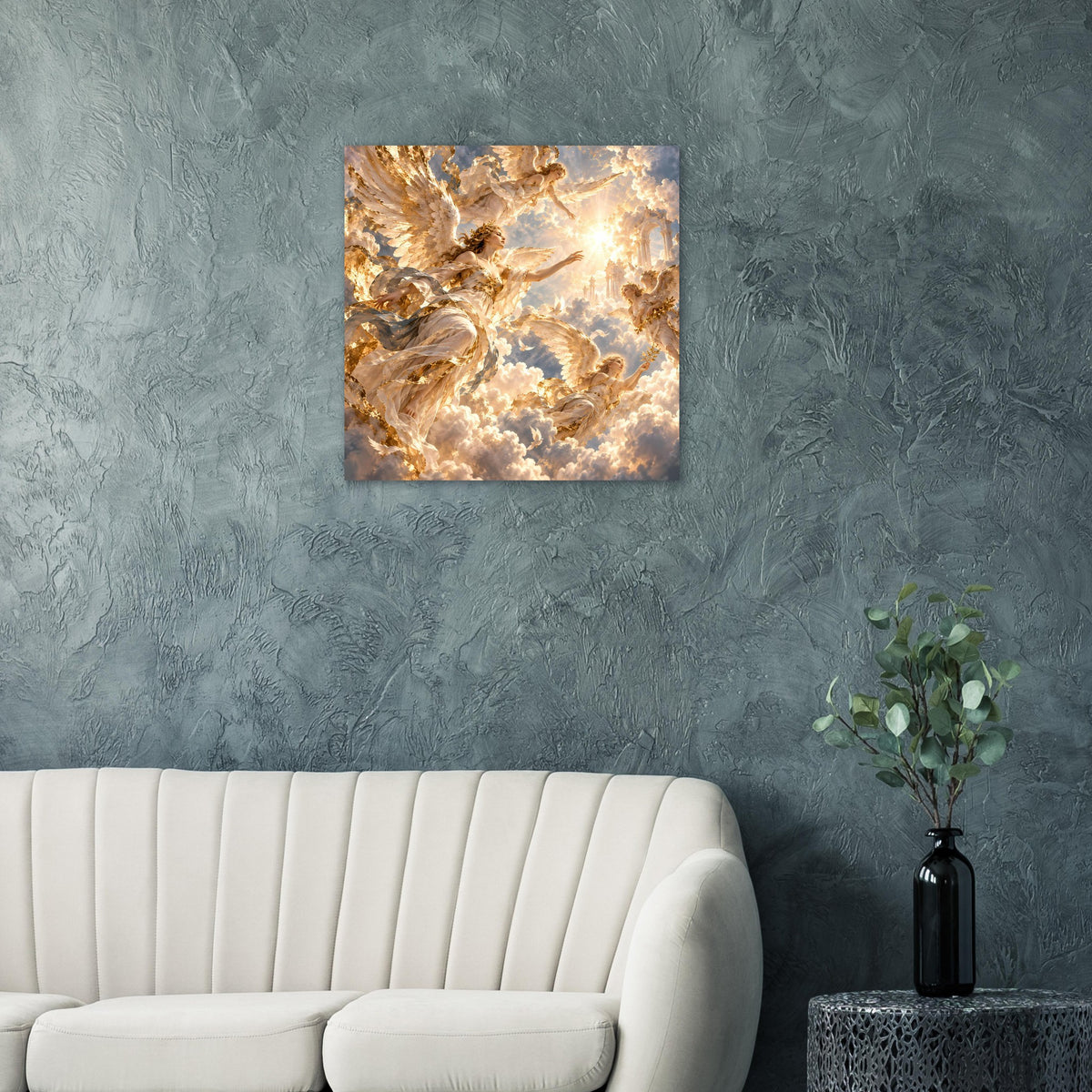 Quadratisches Premium-Mattposter mit goldfarbenen Engelsfiguren und Wolken