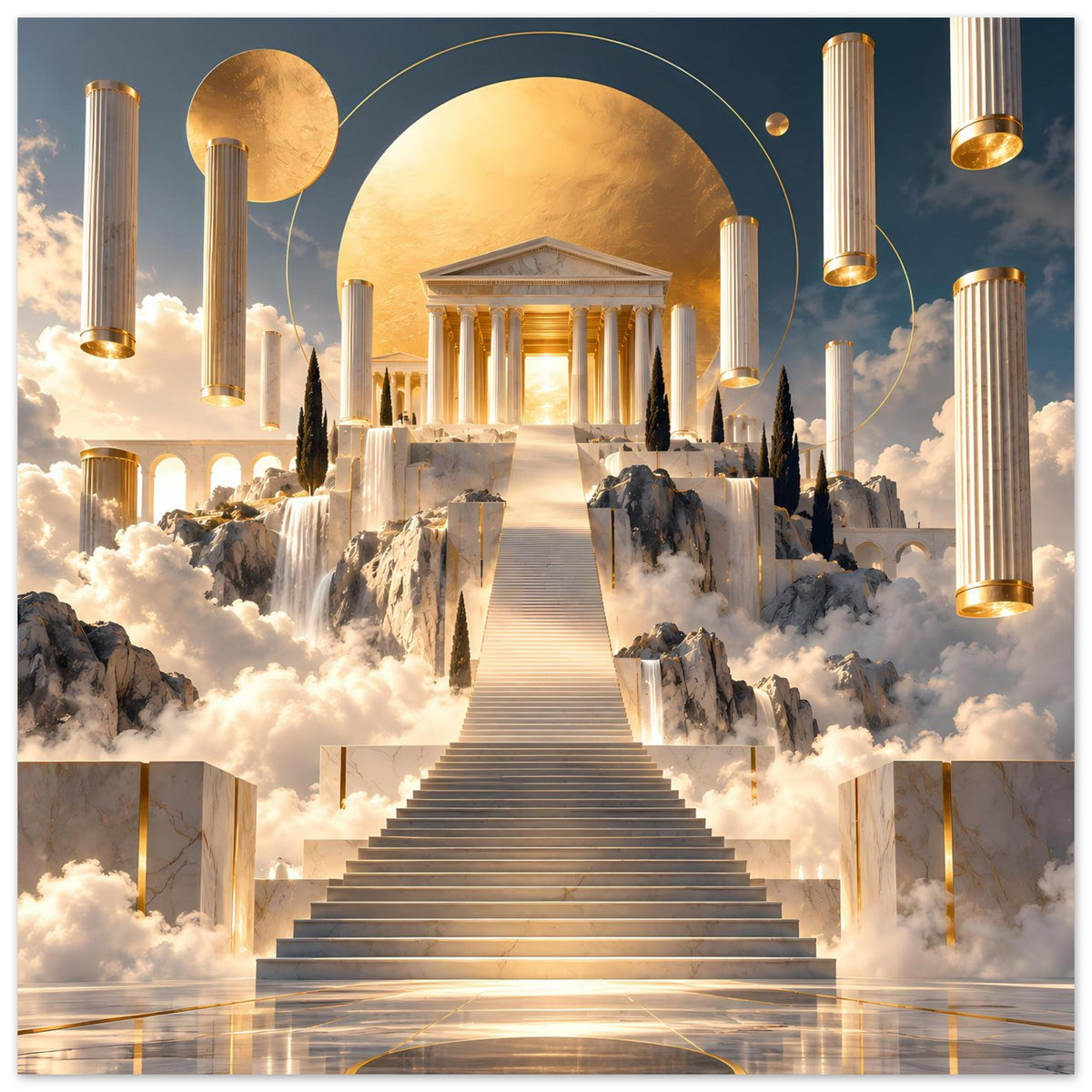 Poster mit goldener Portalarchitektur: Säulen, Wasserfälle, mittige Treppe und Sonnenglorie