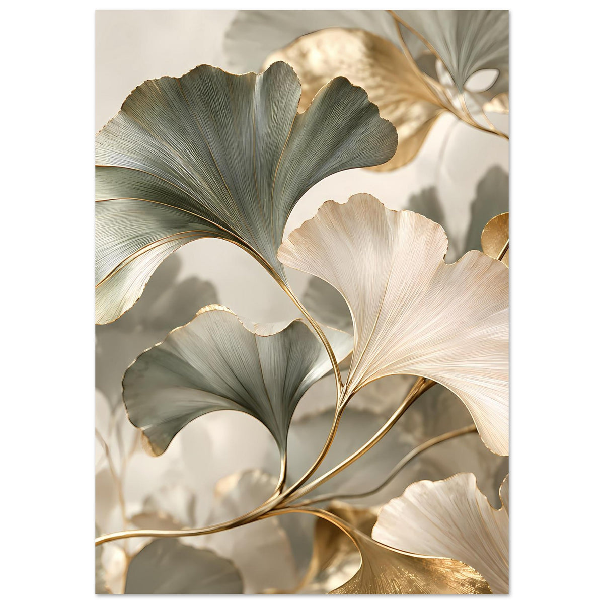Poster mit Ginkgo-Blättern in Grau-Grün und Creme; goldene Linien um die Blätter