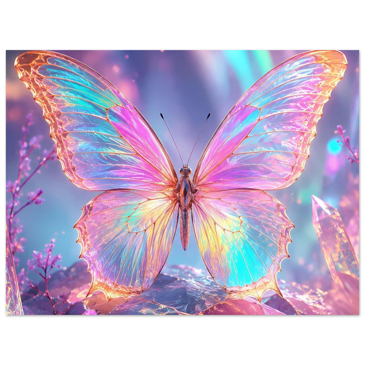 Fantasy-Poster: Leuchtender Regenbogen-Schmetterling mit funkelnden Flügelkanten
