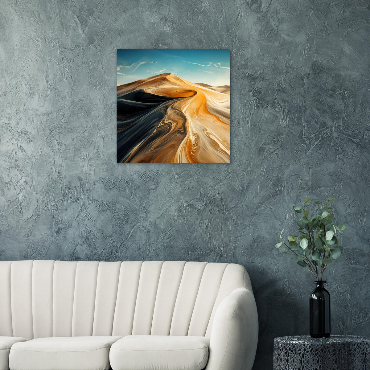 Abstraktes Wüstenwellen-Poster im Rahmen: gold-orange Sanddünen, dunkle Kurven, blaues Licht