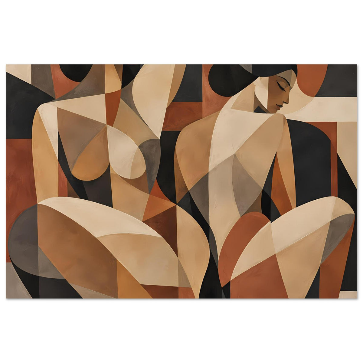 Poster im Querformat mit zwei abstrakten Frauenfiguren, geometrisch in warmen Erdtönen