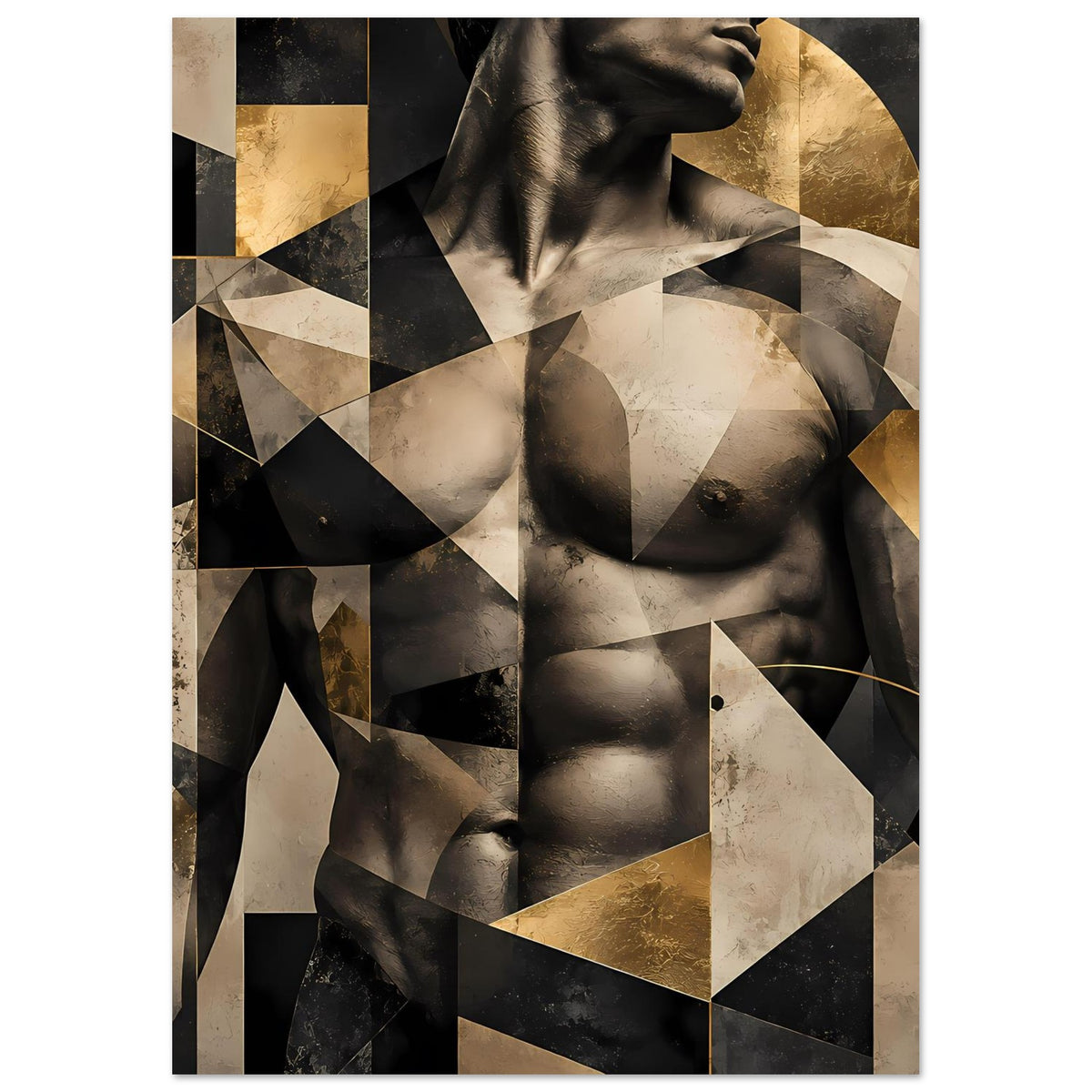 Abstraktes Aktkunst-Poster mit goldenen Polygonen und geometrischen Linien über der Aktfigur
