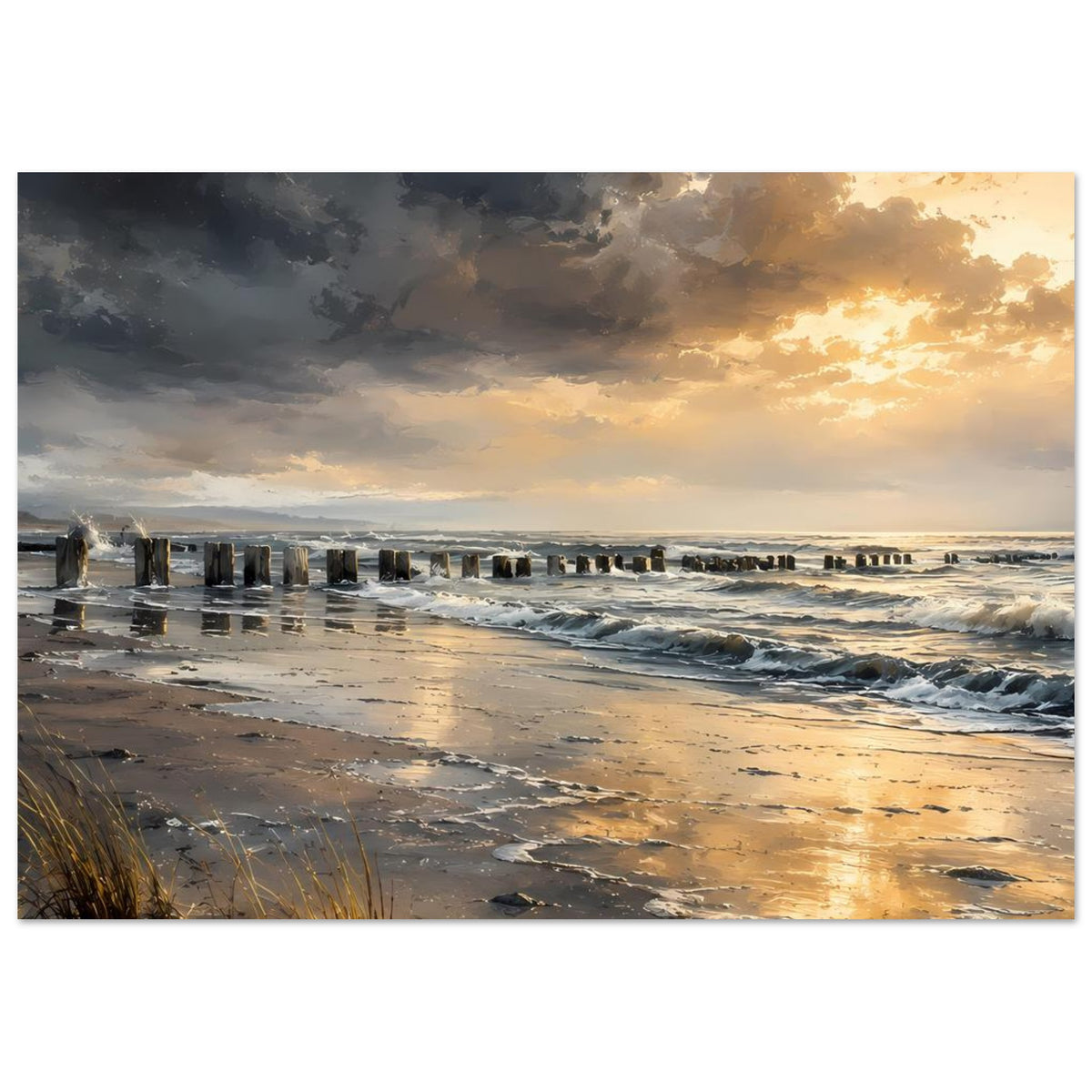 Poster im Querformat: Strand bei Sonnenuntergang, Pfähle im Meer und goldene Reflexe