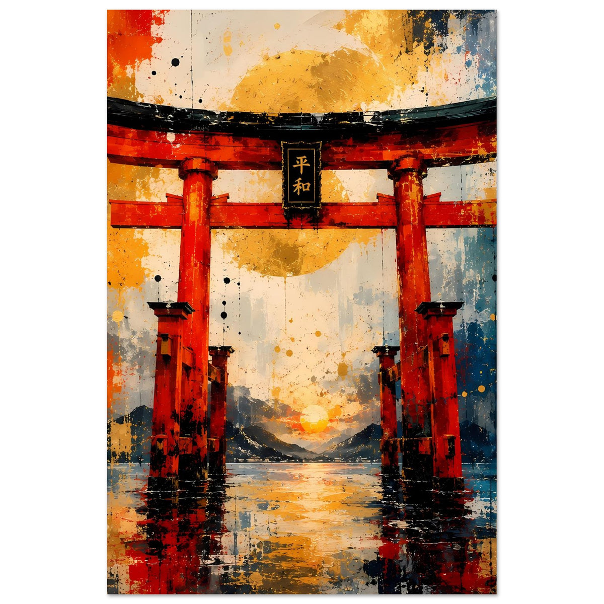 Hochformat-Poster mit Torii-Tor, rote Pfosten, gelbe Sonne und blaue Akzente