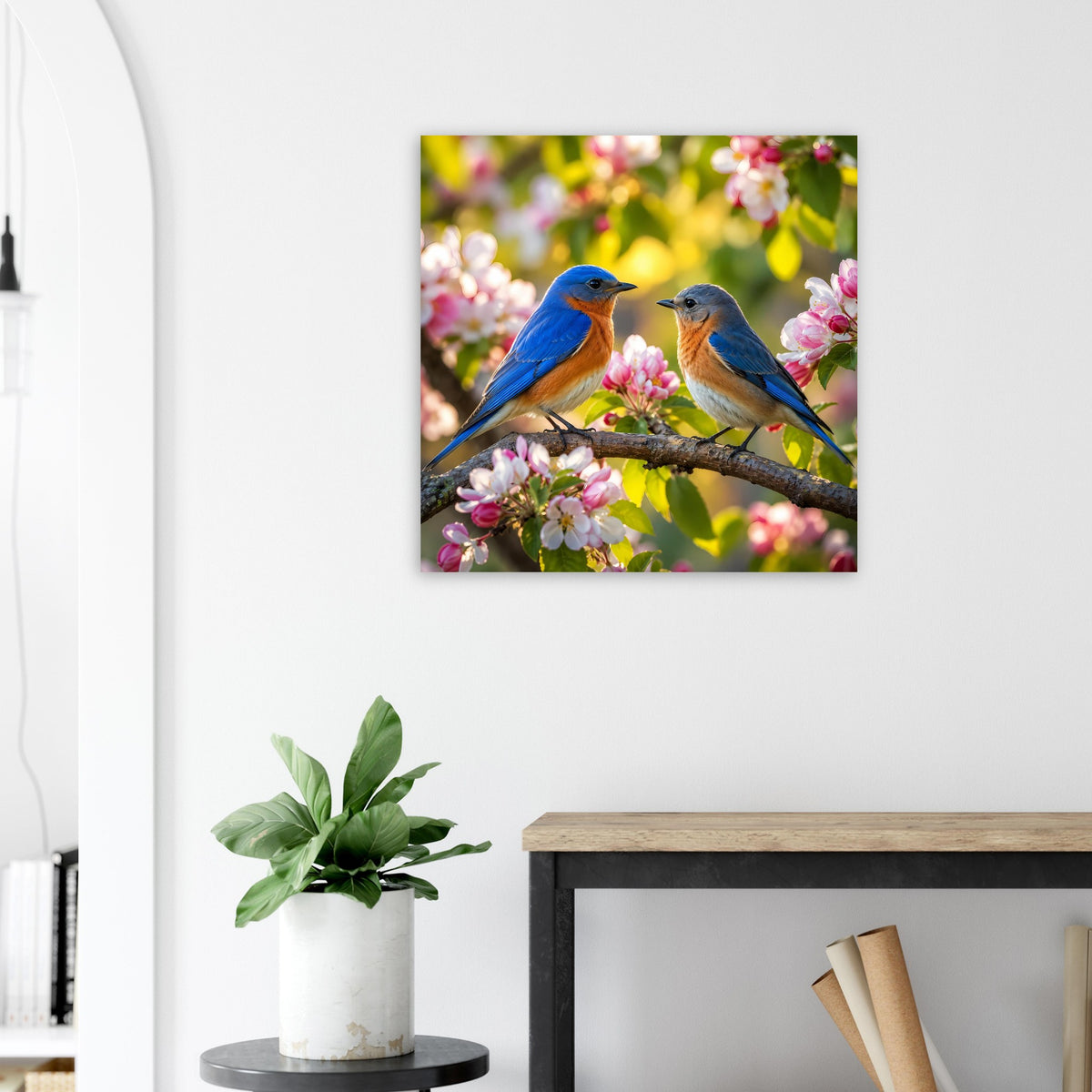 Quadratisches Poster mit zwei Blaumeisen auf blühendem Ast