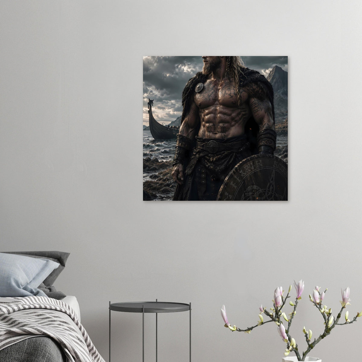 Fantasy-Poster mit Wikingerkrieger, Oberkörper zentriert, Schildrand und Kampfkleidung sichtbar