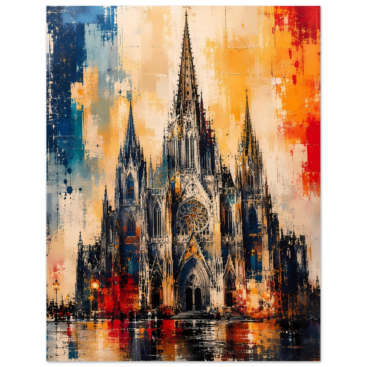 Gotisches Kathedralen-Poster, zentrierte Turmfassade mit Rundfenster, farbverlaufend