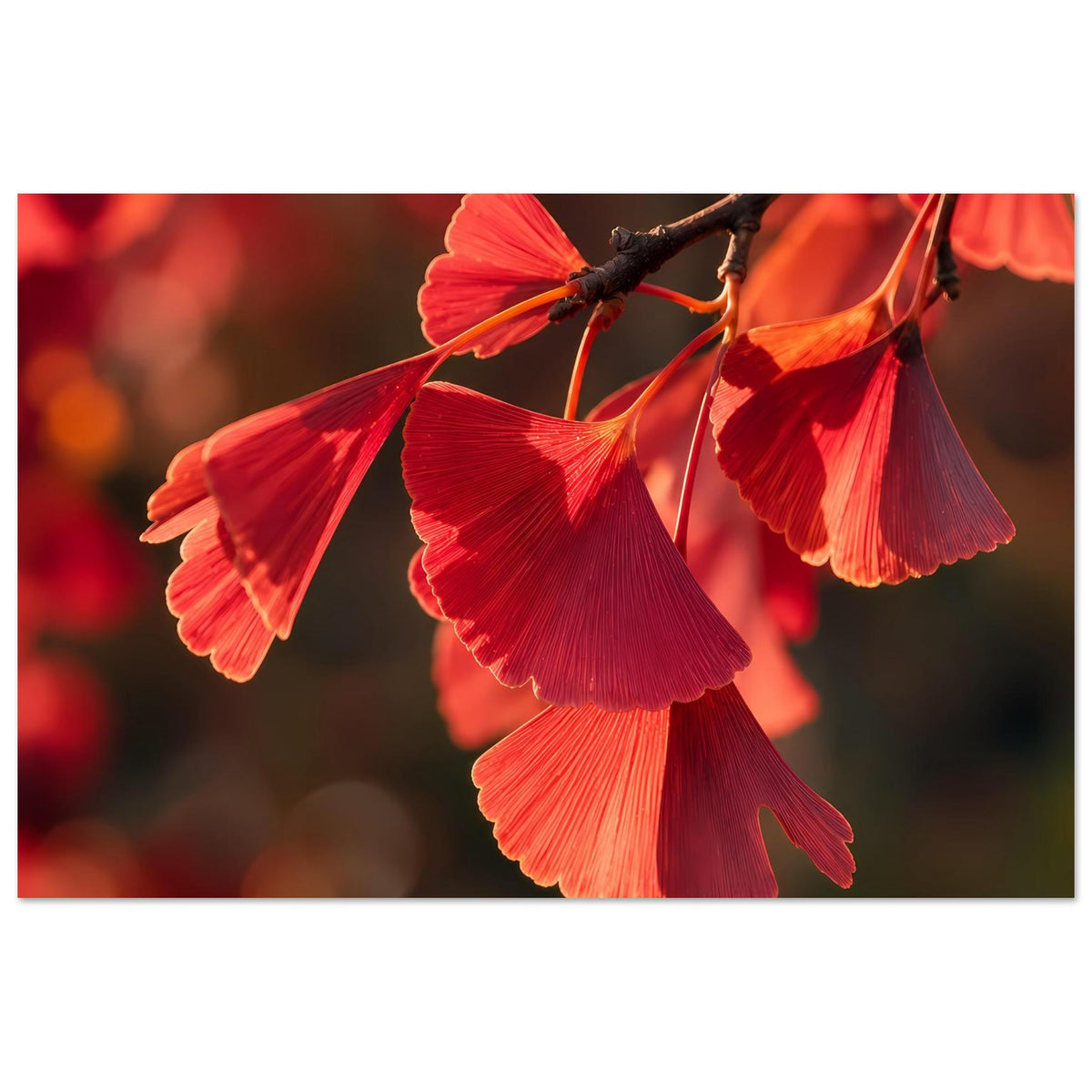 Poster im Querformat: rote Ginkgo-Blätter, dunkler Ast im Bild