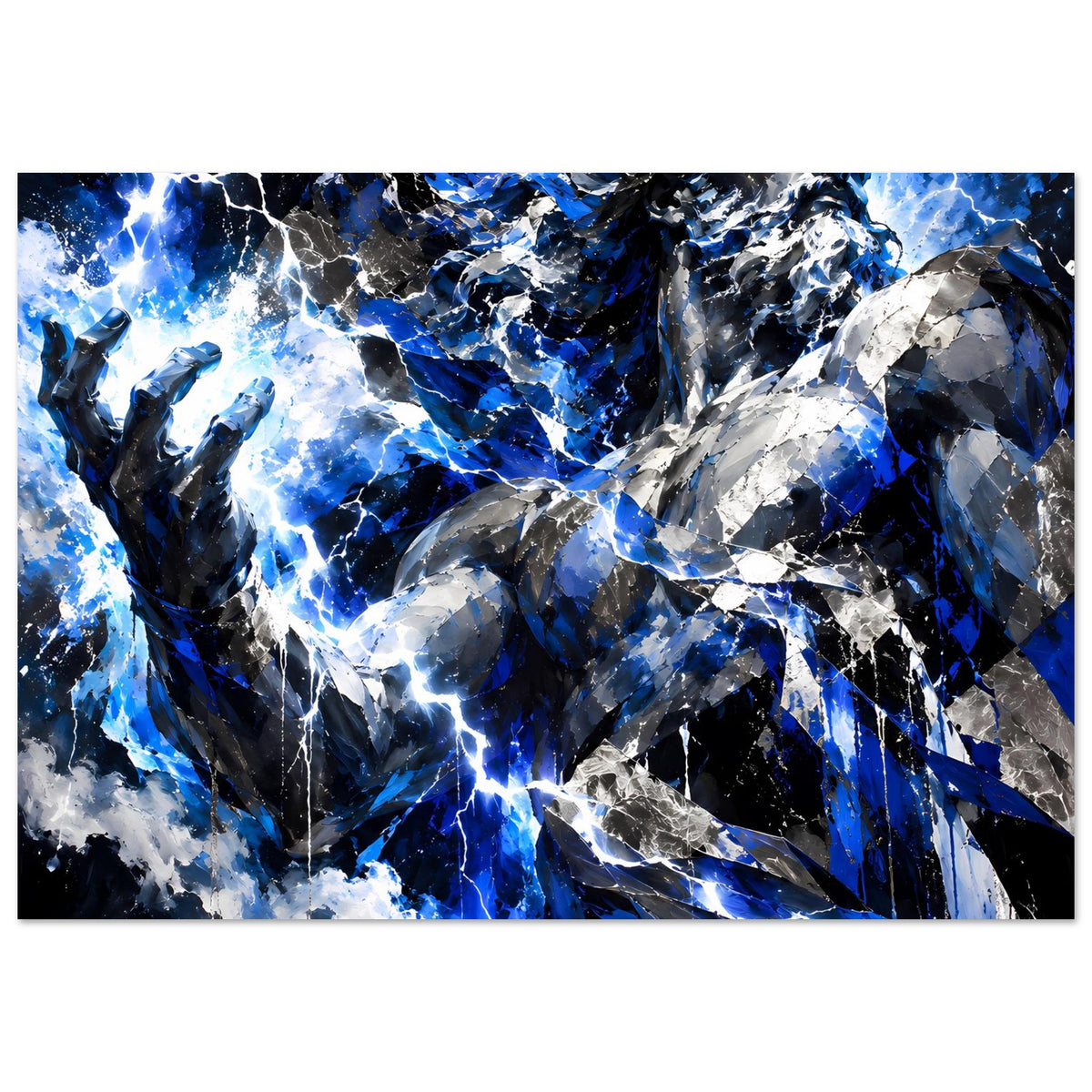 Horizontales Poster mit abstraktem Zeus-Blitz, blau-schwarzem Hintergrund und weißen Funkenlinien.