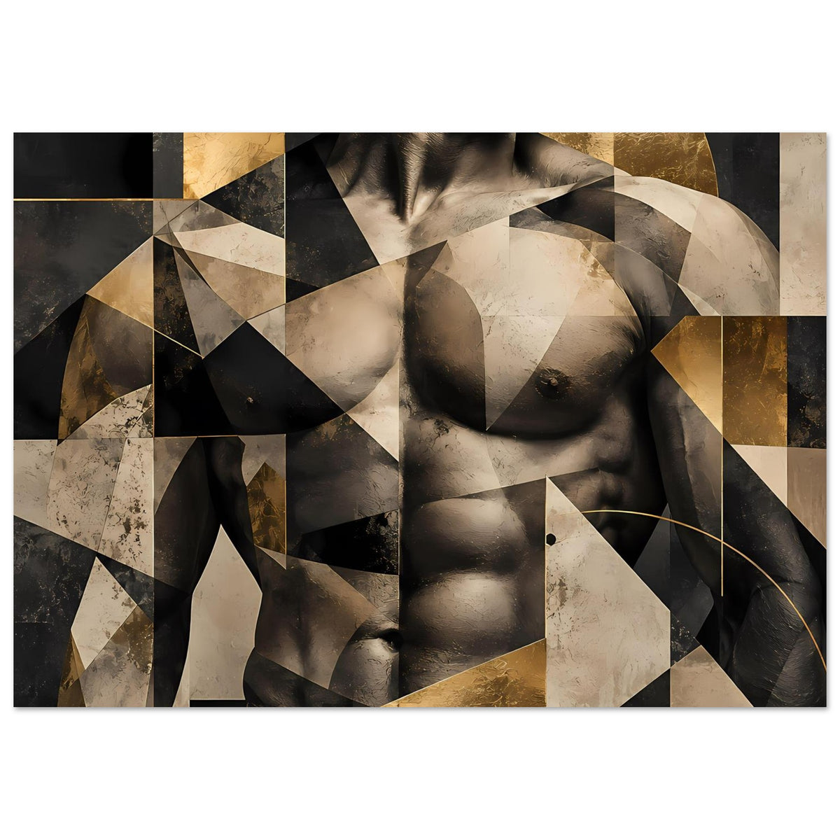 Abstraktes Poster mit Aktmotiv und geometrischen Papierkanten, in Schwarz, Beige und Gold