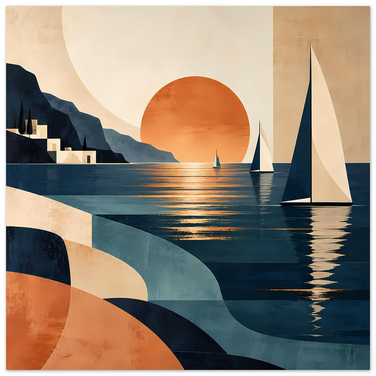 Poster mit Sonnenuntergang über dem Meer, Segelboote und Spiegelungen im Wasser, warmes Blau/Orange