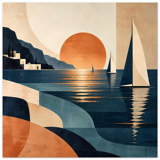 Poster mit Sonnenuntergang über dem Meer, Segelboote und Spiegelungen im Wasser, warmes Blau/Orange