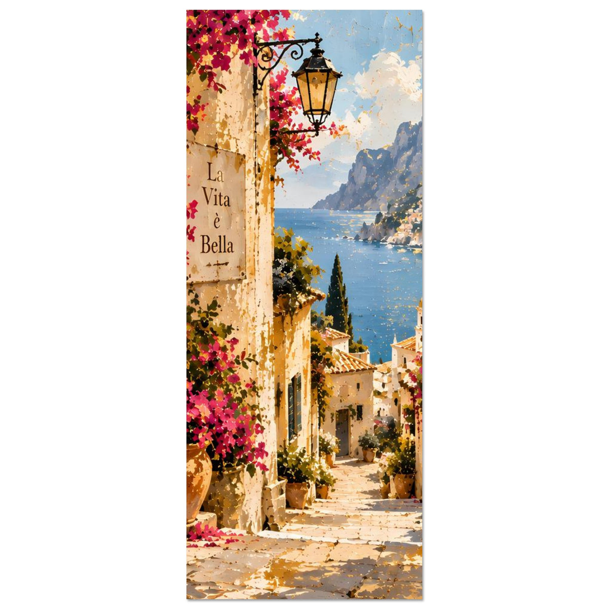 Vertikales Poster mit mediterraner Gasse: Schriftbanner, Blüten und Bergsee