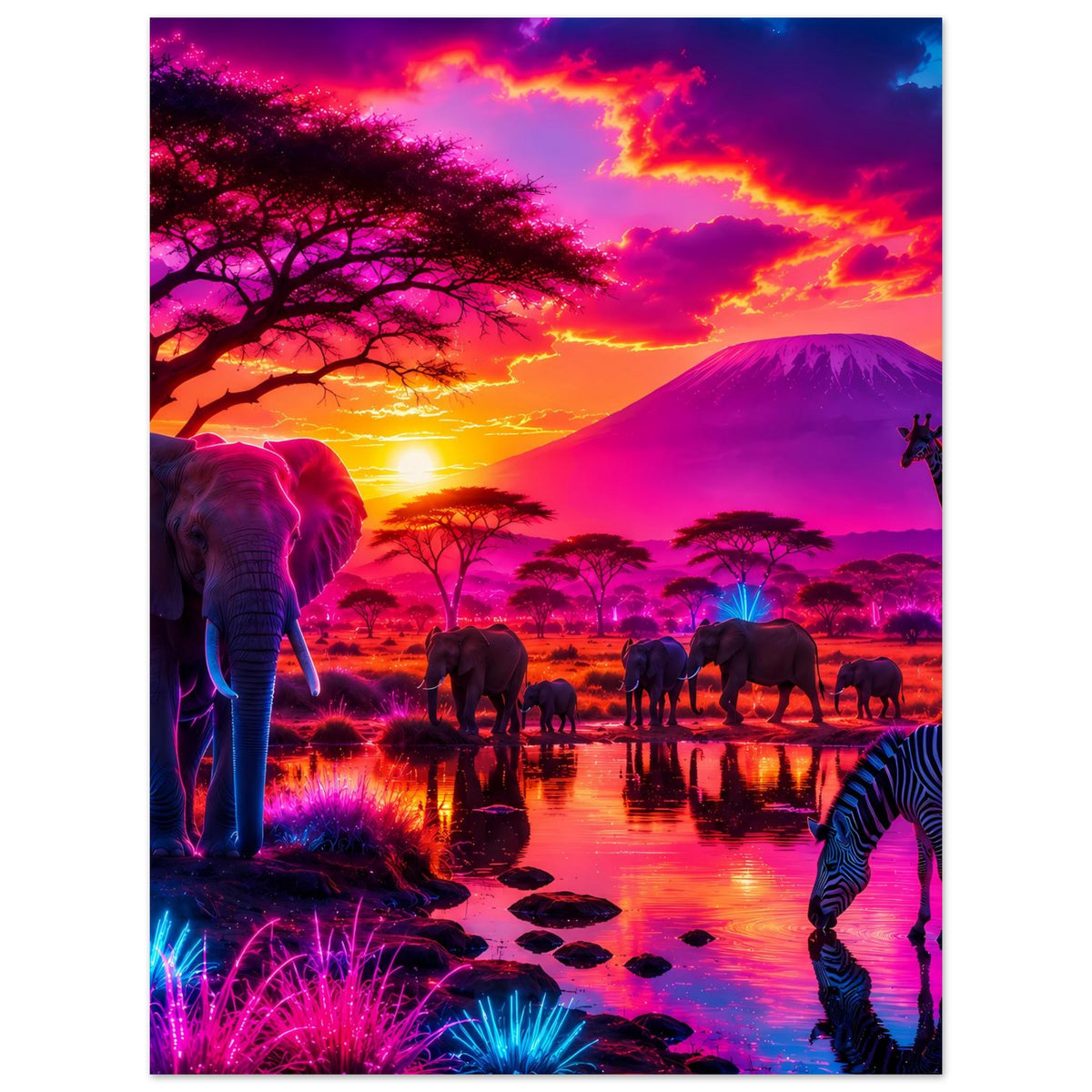 Poster im Hochformat: Elefant, Elefantenherde, Zebra und Giraffe vor farbigem Sonnenuntergang