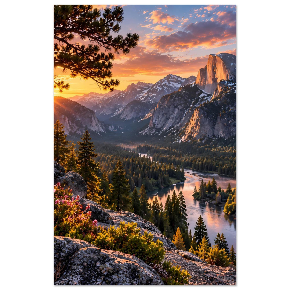 Hochformat-Poster mit Bergpanorama bei Sonnenaufgang, Wald und schlängelnder Fluss im Tal