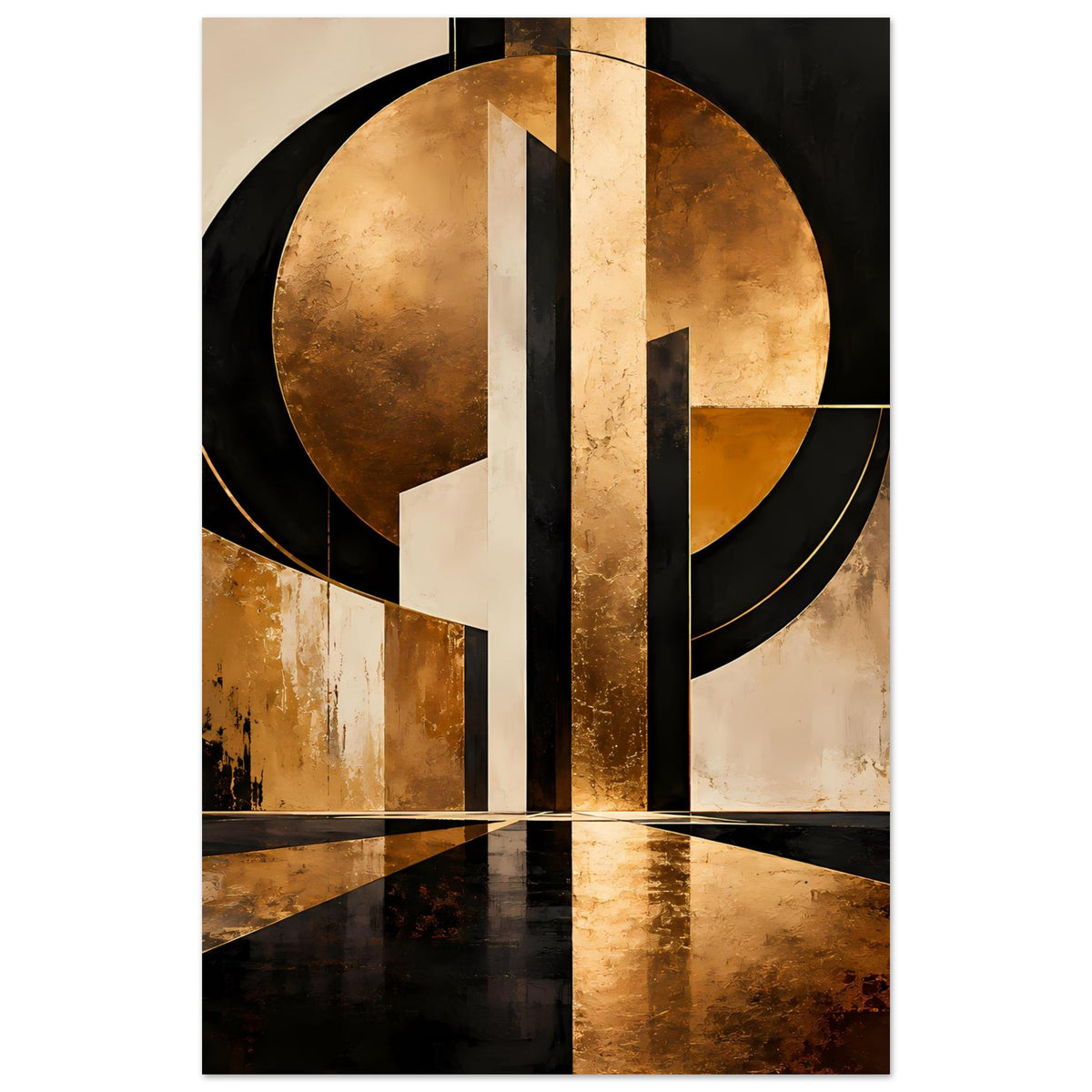 Abstraktes Gold-Schwarz-Poster mit großen Kreisen, weißen Mittelstreifen und gebogenen Rahmenlinien