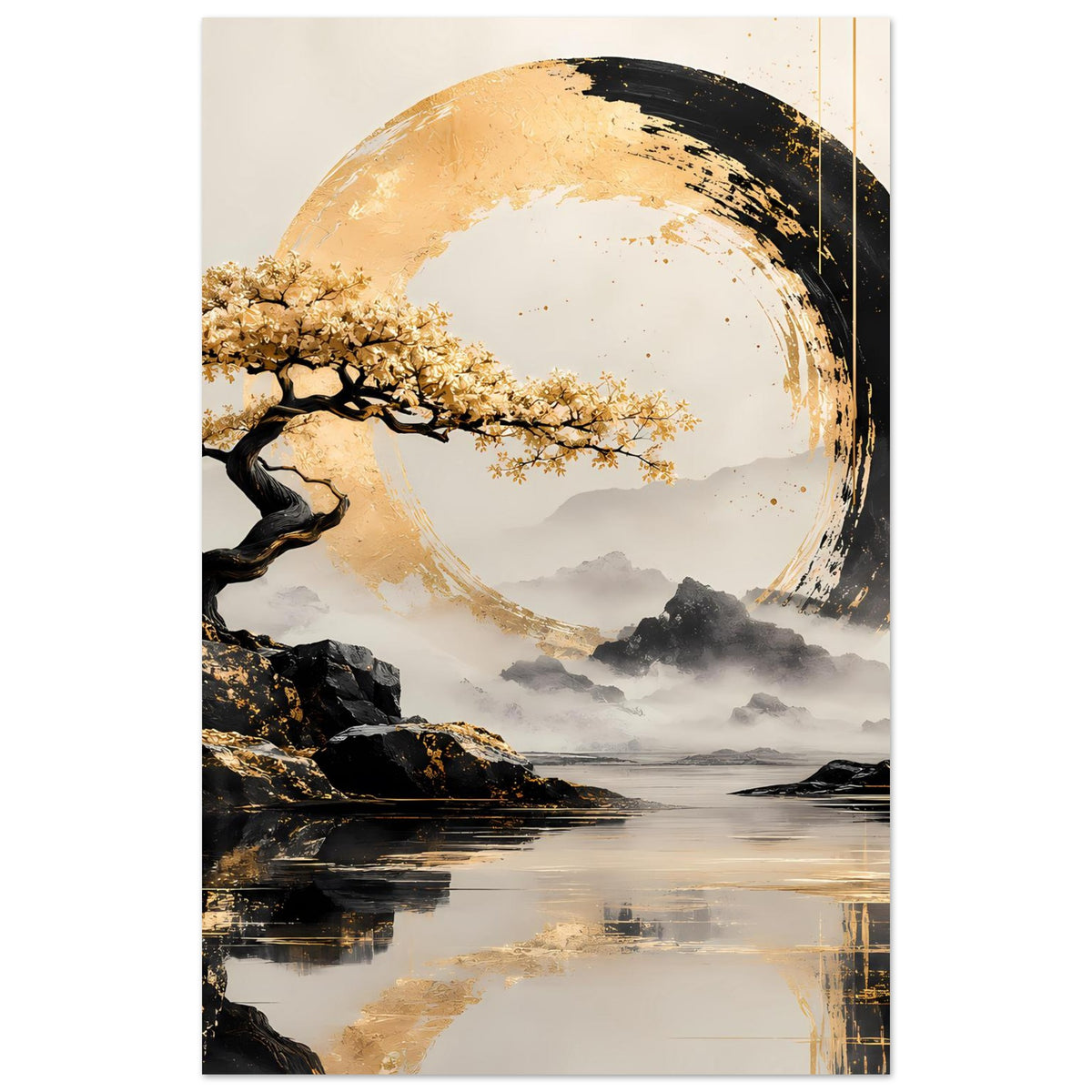Hochformat-Poster mit gold-schwarzem Kreis, blühendem Baum über Seelandschaft