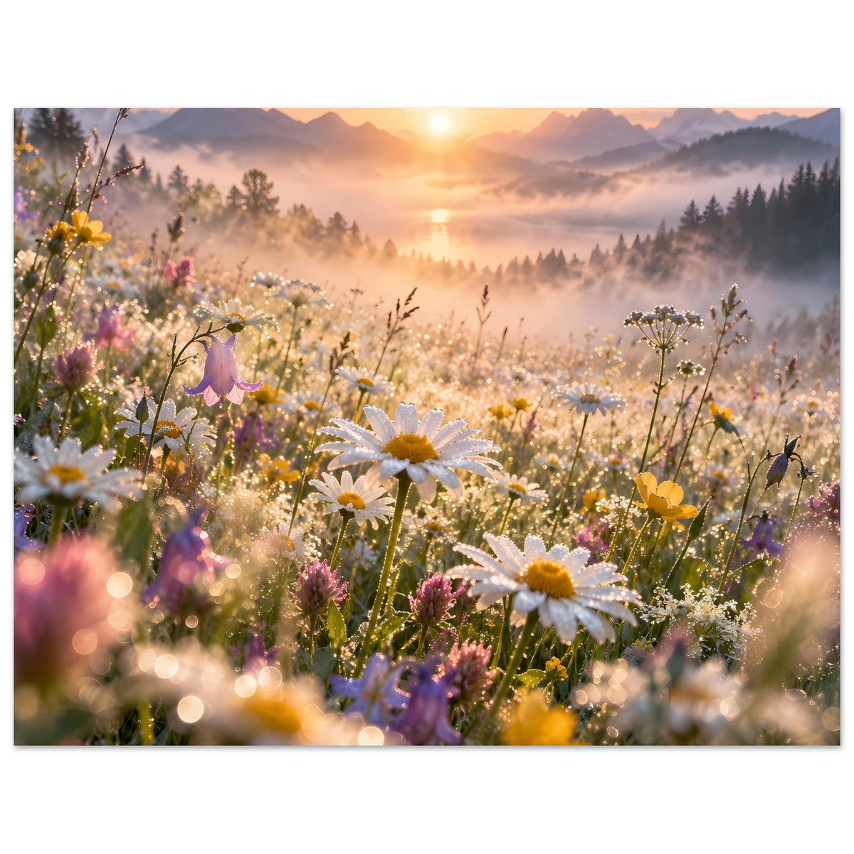Querformatiges Poster mit Wildblumen und Gänseblümchen, leuchtende Sonne über der Wiese.
