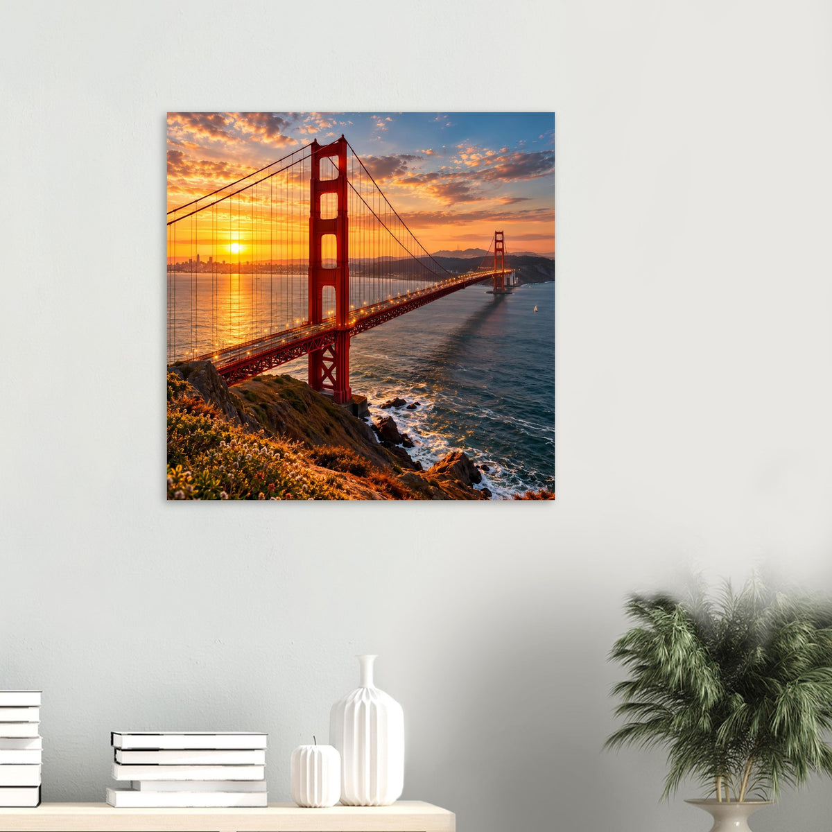 Golden-Gate-Brückenposter im Sonnenuntergang, kleines Quadratmotiv mit rotem Brückenturm
