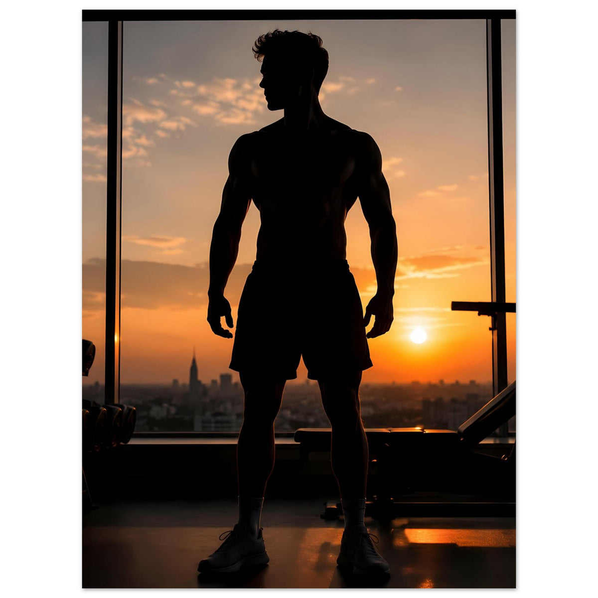 Fitness-Poster mit dunkler Sportler-Silhouette, Ganzkörperansicht seitlich zur Lichtquelle.