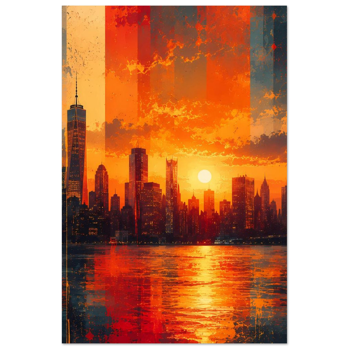 Sonnenuntergangs-Poster mit Stadtansicht, Fluss und goldener Sonne, im Hochformat.
