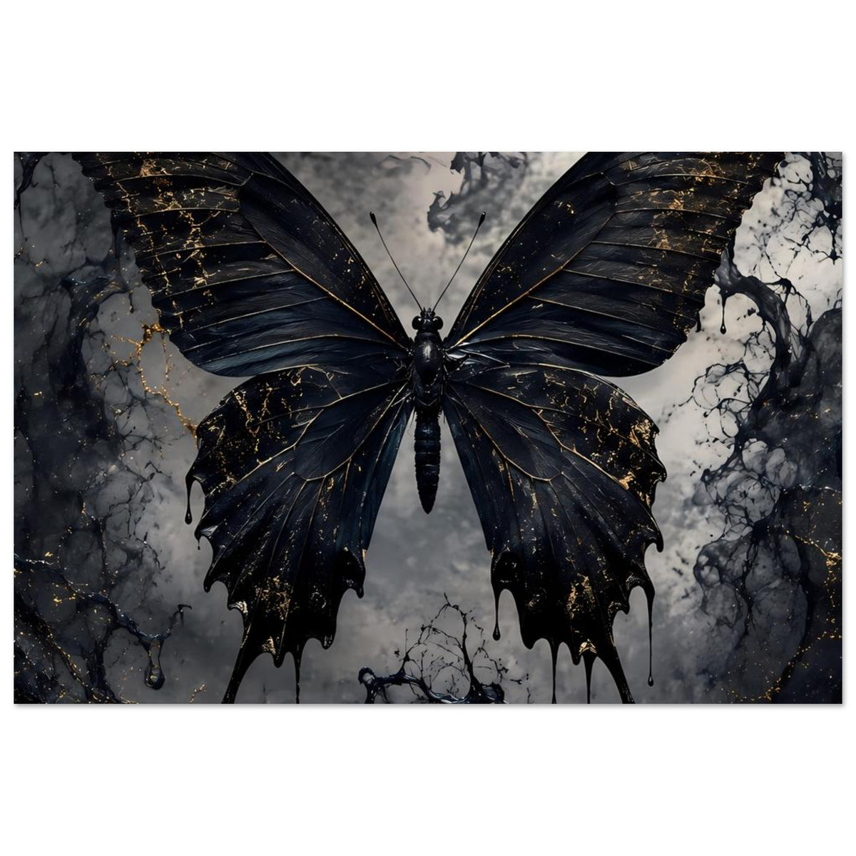 Poster mit schwarzem Schmetterling und goldenen Adern, symmetrische Flügel, frontal