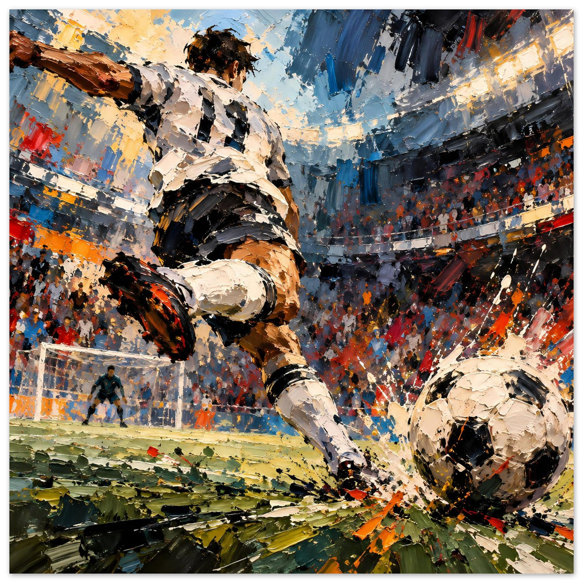 Horizontales Fußball-Actionposter mit Stürmer links vorn, Ball rechts unten und farbigen Spritzmustern