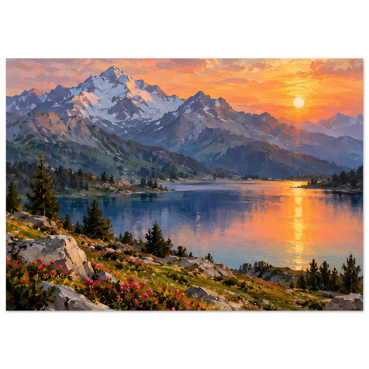 Poster mit Alpenpanorama, ruhigem See, Abendhimmel und Blumen entlang des Ufers