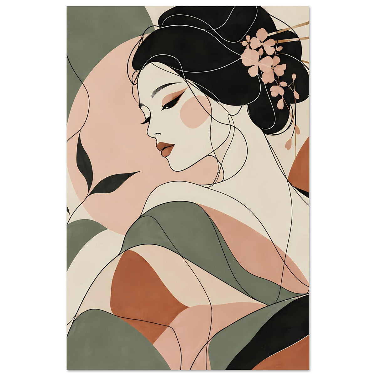 Geisha-Poster als Linienkunst: Ausschnitt mit Profilkopf, schwarzem Haar, rosa Blüte, grünem Stoff