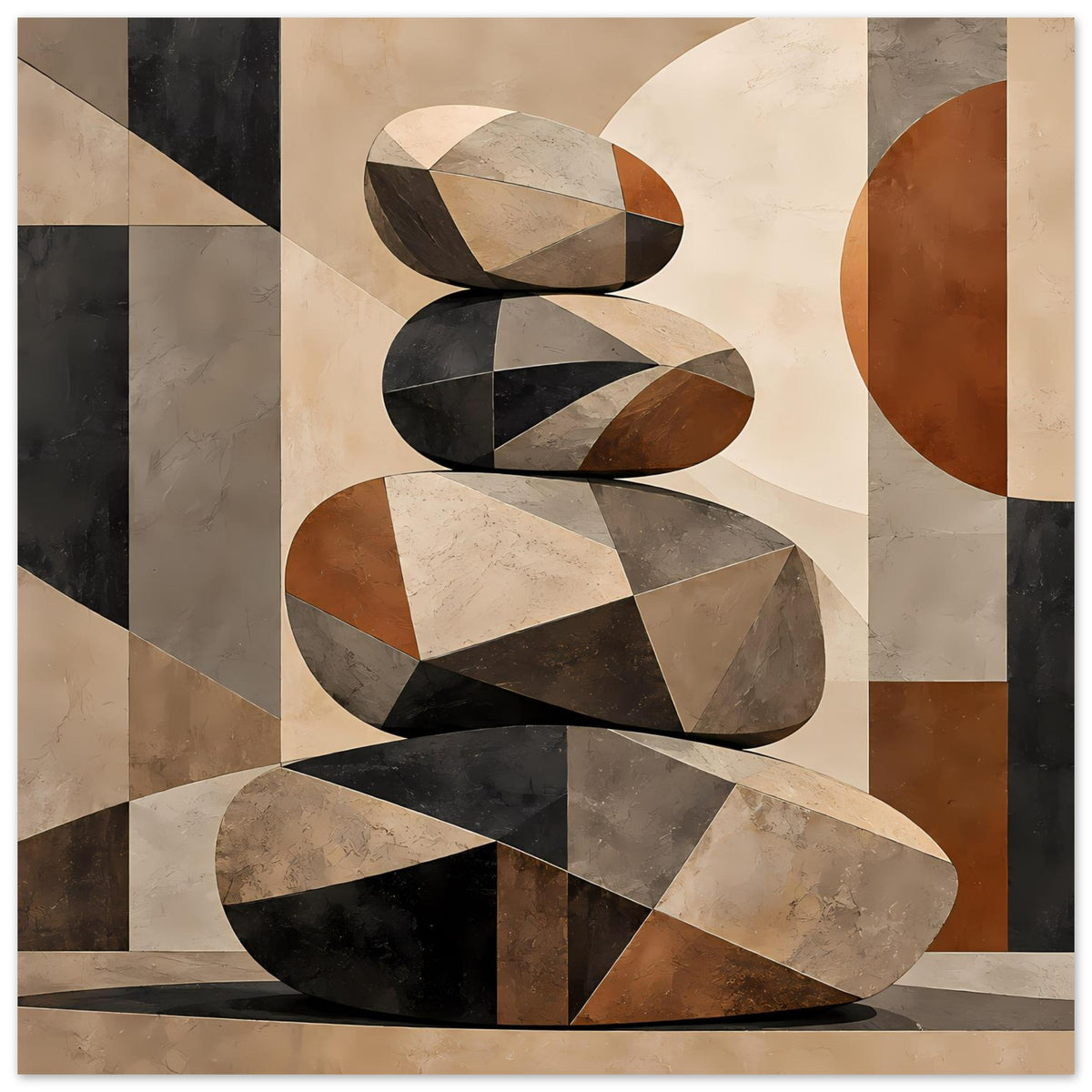 Abstraktes Zen-Poster mit geometrischem Steinstapel in Erdtönen, längliche Formen.