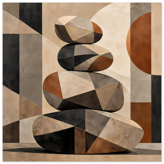 Abstraktes Zen-Poster mit geometrischem Steinstapel in Erdtönen, längliche Formen.