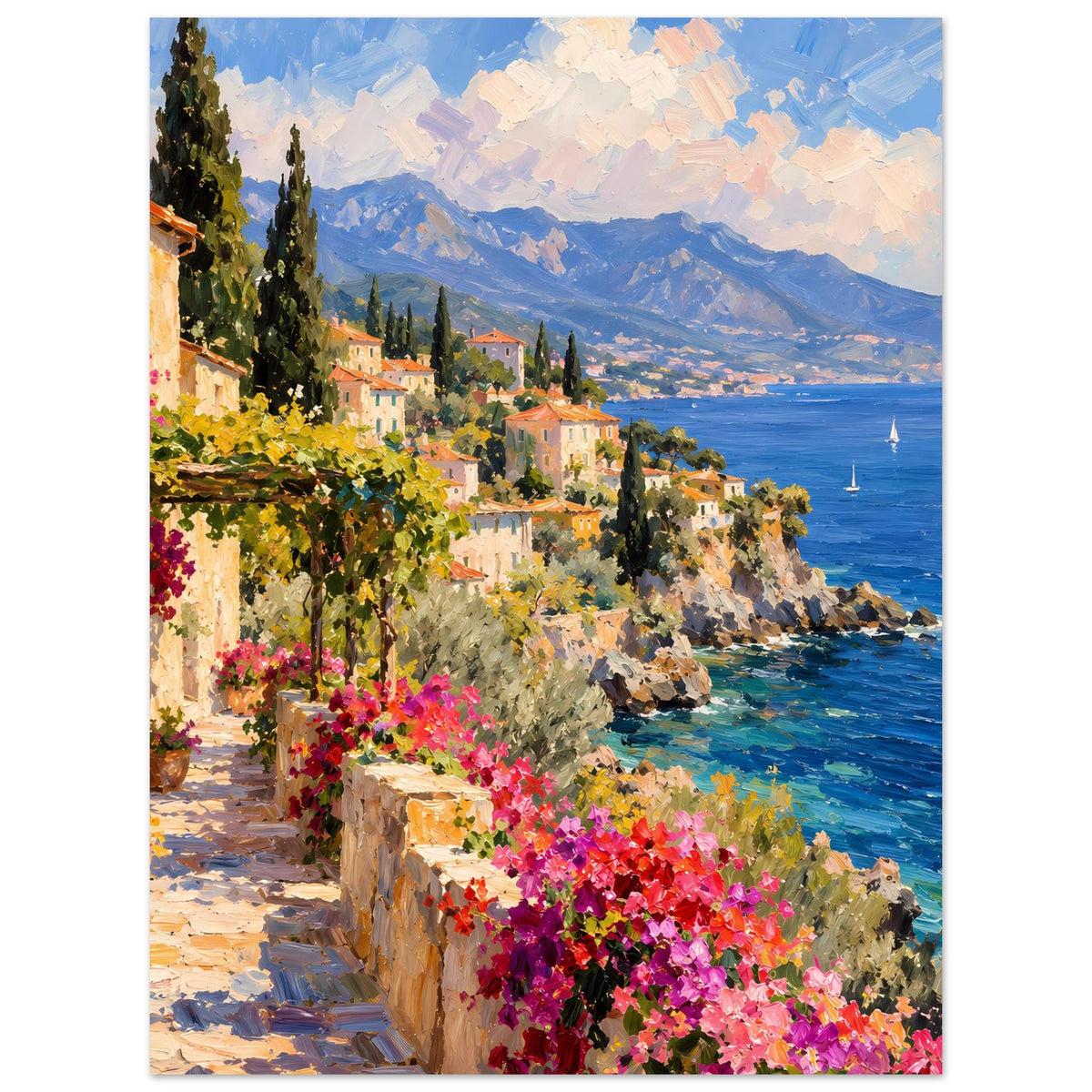 Hochformat-Poster mit Küstenlinie, weißen Häusern, Zypressen und pinken Blüten