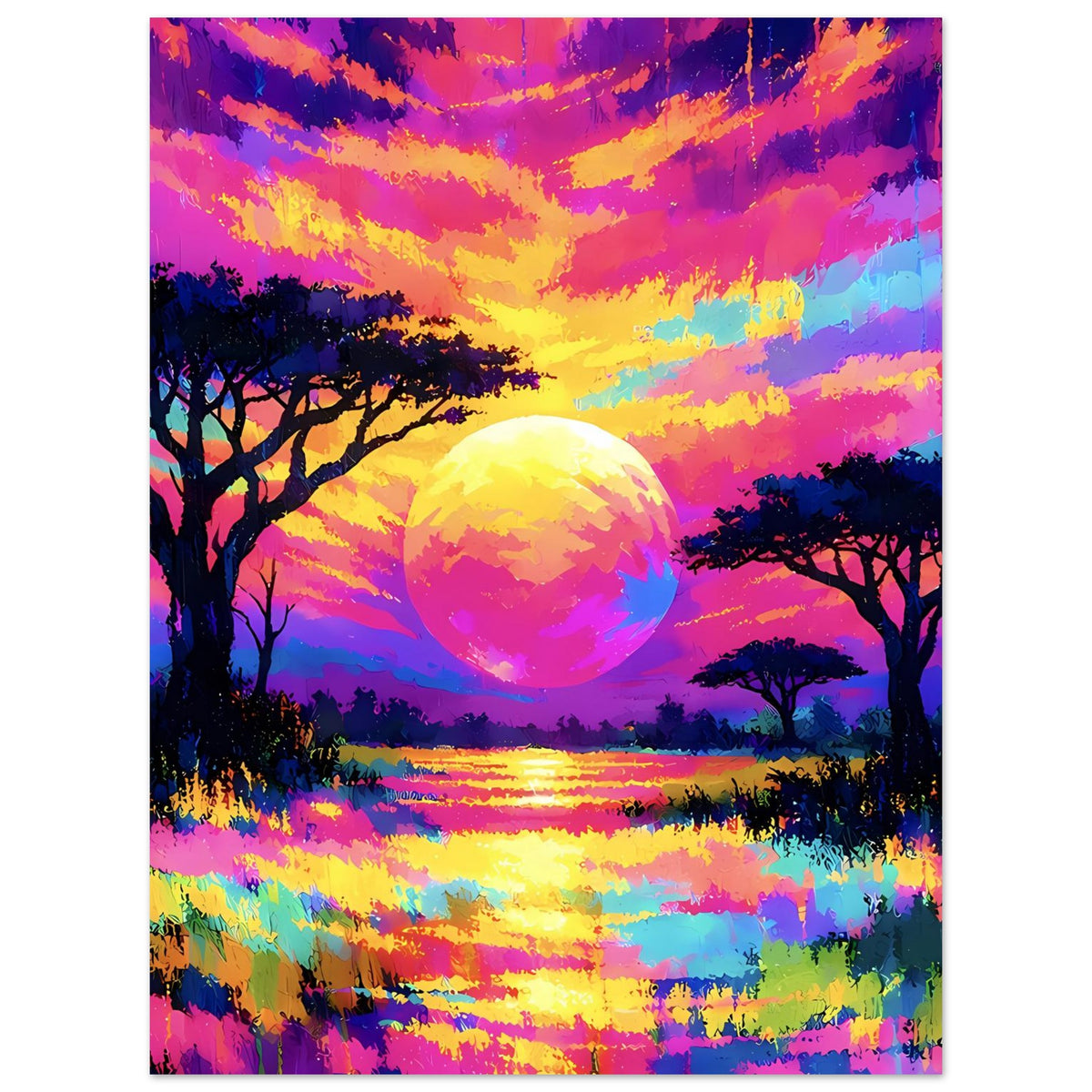 Neonfarbenes Sonnenuntergangs-Poster mit großem Lichtkreis, Seeufer und Bäumen