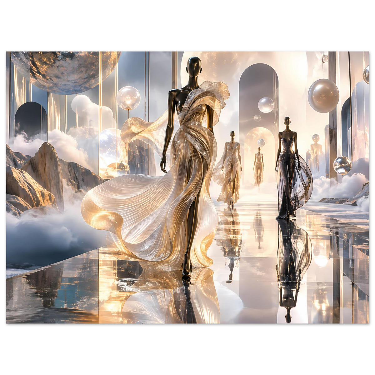Fashion-Runway-Poster: ätherische Goldfigur mit fließendem Mantel, mehrere Personen