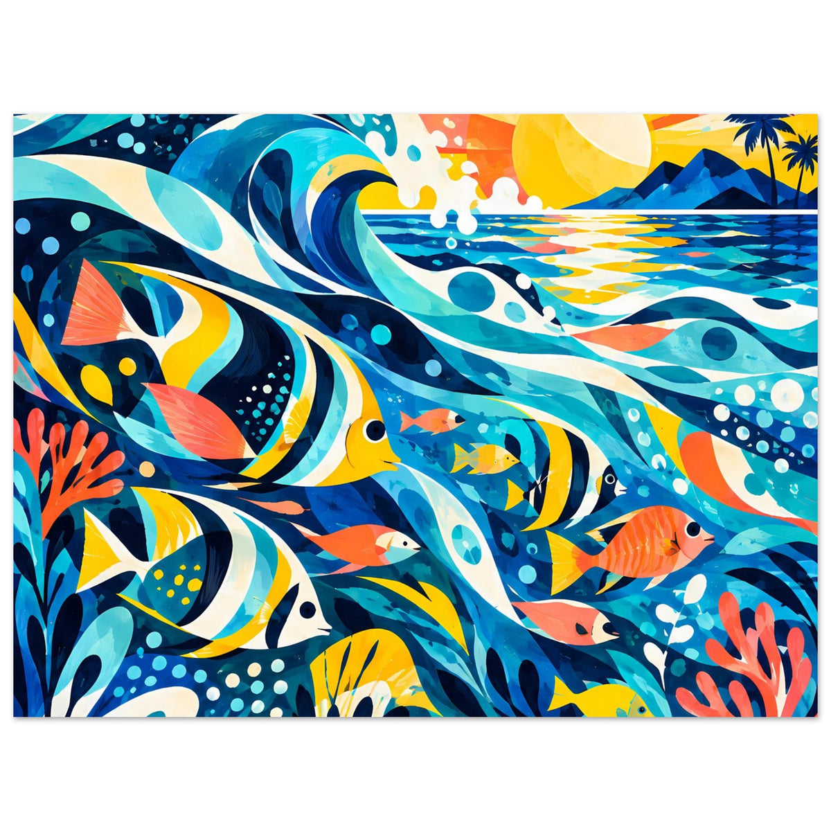 Tropisches Ozeanposter (horizontal) mit Fischen, Wellenlinien und Korallenfarben