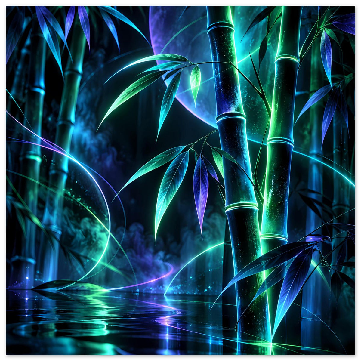 Horizontales Neon-Bambus Poster mit leuchtenden Bambus-Silhouetten und violetten Lichtkreisen