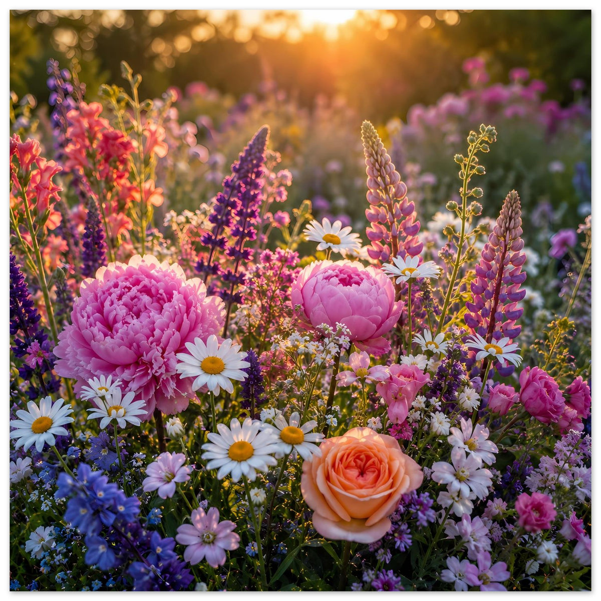 Blumenposter mit bunten Wiesenblumen, gelben Gänseblümchen und rosa Pfingstrosen
