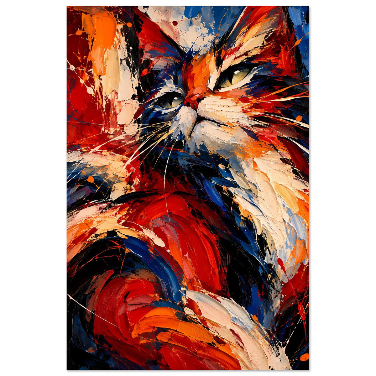 Abstraktes Katzenposter mit Blick: Rot-, Blau- und Orangetöne, kräftige Pinselstriche